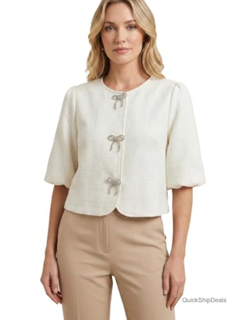 Women Textured Rhinestone Bow Puff Sleeve Cropped Blazer